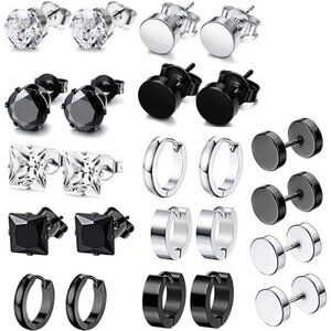 10-12 Pairs Earrings for Men, Stainless Steel Black Stud Earrings Set for Men